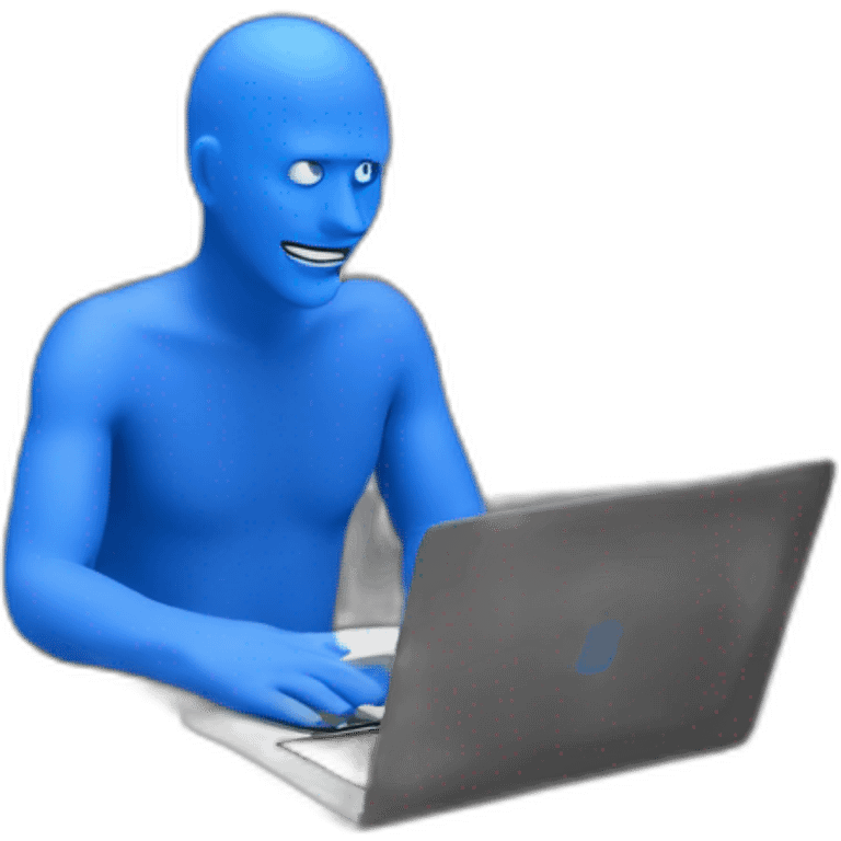 blue man sitting at a conference with mackbook emoji