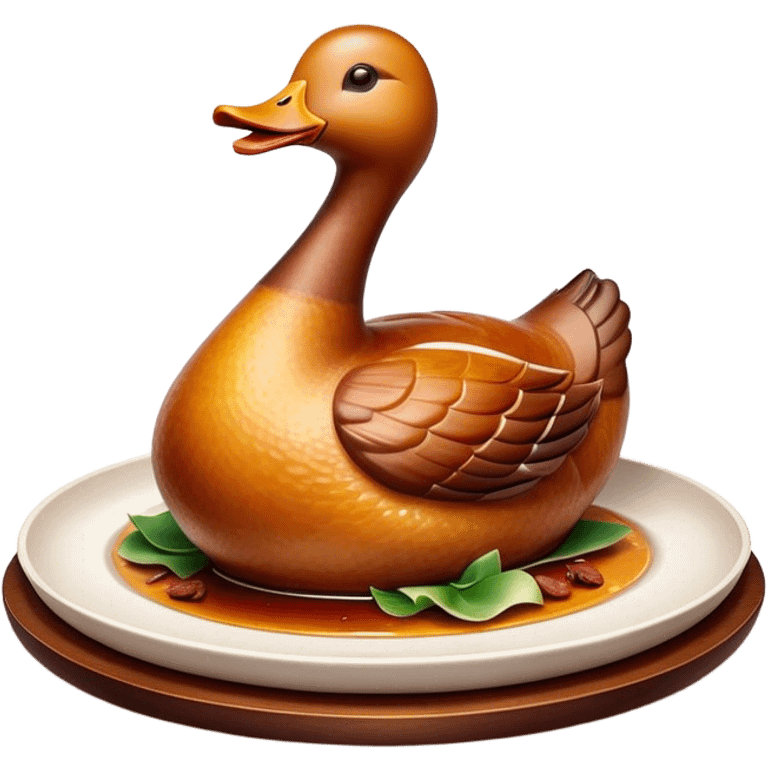 Cinematic Realistic Peking Duck Dish Emoji, depicted with crispy, roasted duck with glistening skin and succulent meat, rendered with rich textures and dramatic, appetizing lighting. emoji