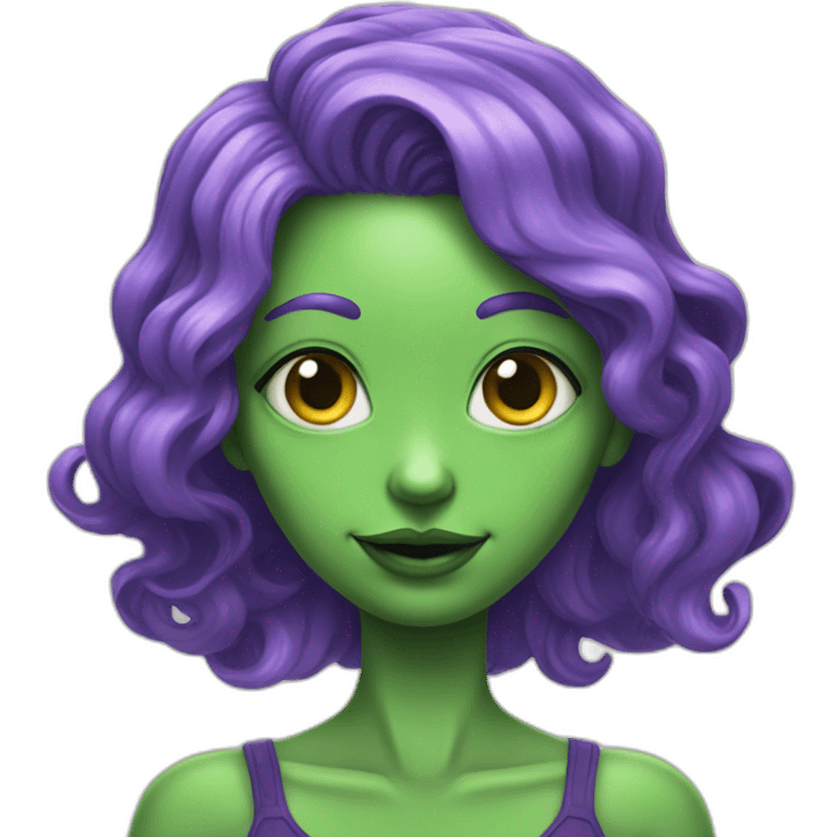 An alien girl with green skin and purple hair waves her hand emoji