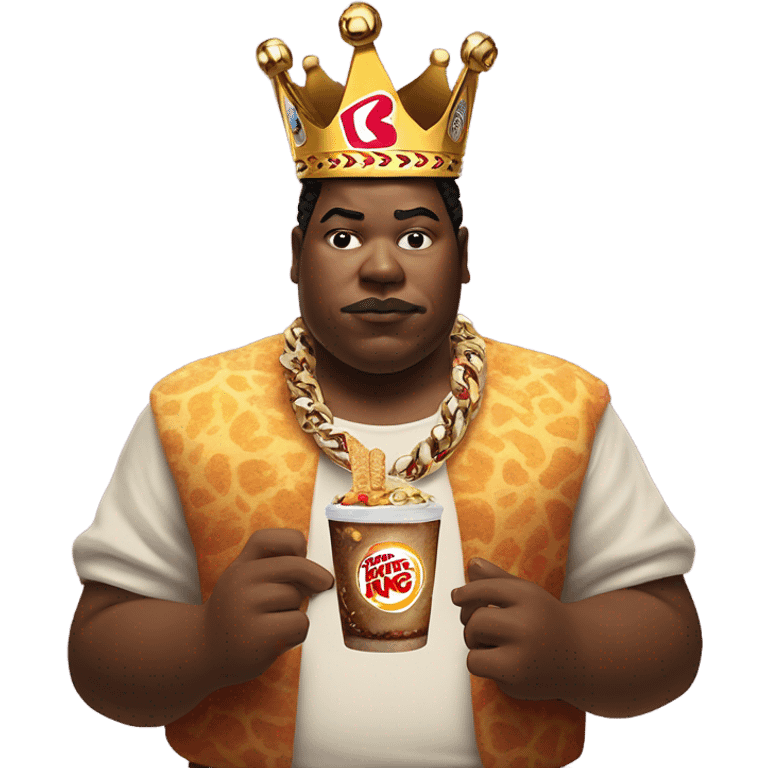 solo portrait with jewelry, but wearing a Burger King crown, smoking a cigarette, and a sumo wrestler eating Mayo in the background emoji