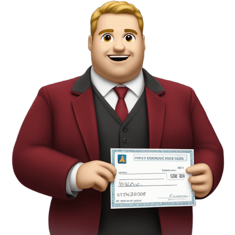 fat guy in dark red velvet suit holding cheque emoji