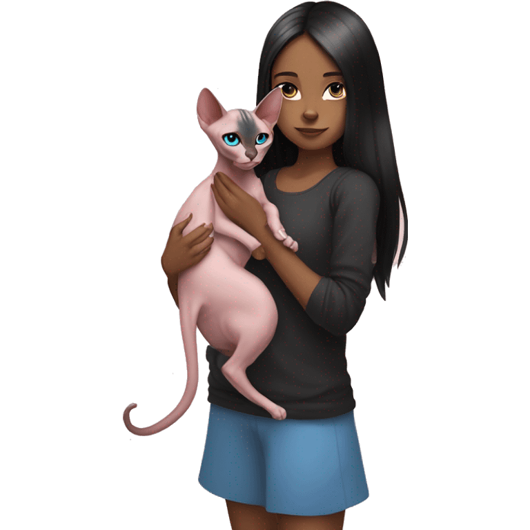 A girl with long black hair holds a pink sphinx cat with blue eyes in her arms emoji