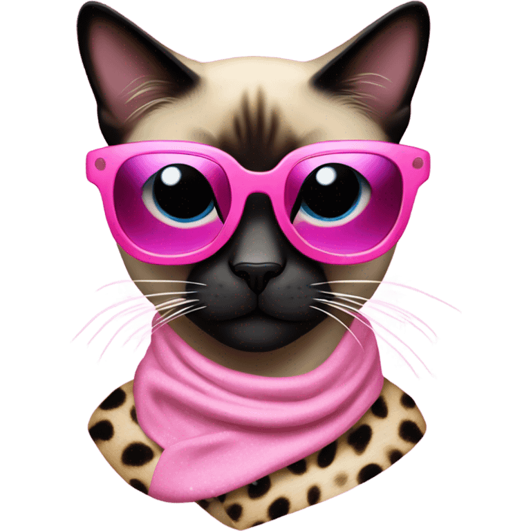 Siamese cat, wearing a leopard print scarf and futuristic pink glitter sunglasses emoji