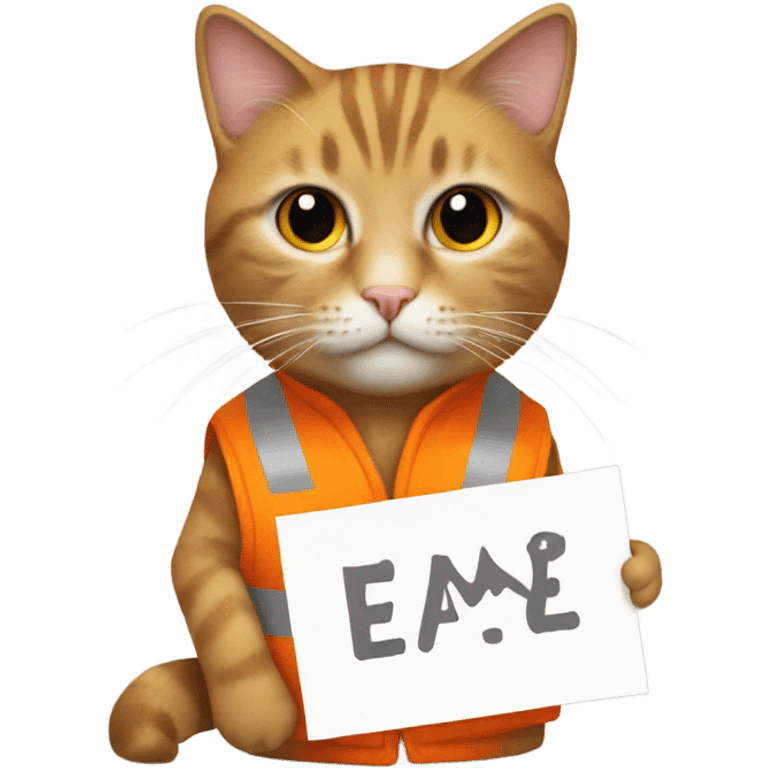 cat with a sign and an orange vest emoji