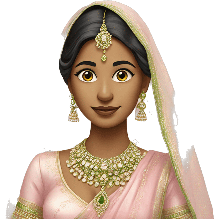 indian bride in baby pink outfit and pistachio green jewellery she also has a beauty mark on the lower right cheek near her lips emoji