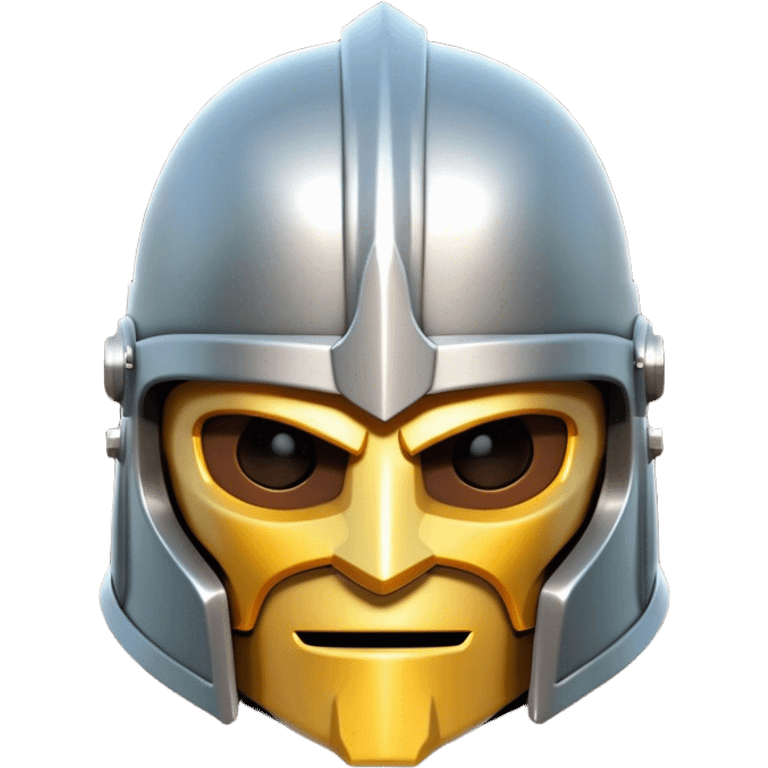 Clash of Clans aesthetic: Cinematic heroic Steel full face Helm Emoji, rendered in a 3D vector-style similar to standard emojis with minimal shading and bold, simplified shapes. A compact, isometric helmet crafted of shining steel with intricate engravings and a protective visor, softly glowing with a noble warrior charm. Simplified yet unmistakably iconic, highly detailed and consistent, glowing with a soft radiant gleam and high polish. Stylized with a touch of chivalric tradition and a soft glowing outline, capturing the essence of a stalwart battle helm with a friendly, playful manner! emoji