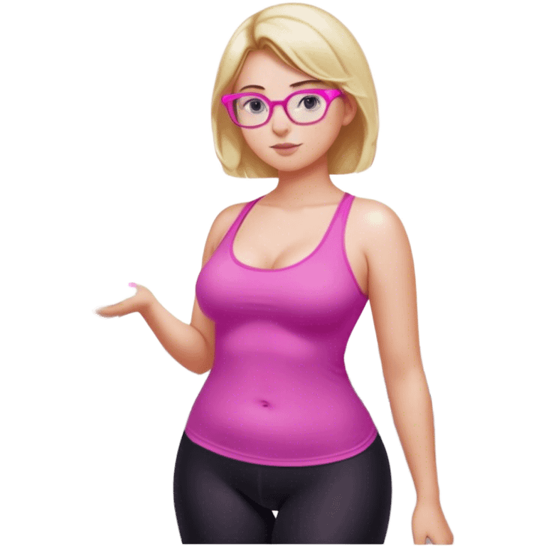 Curvy fair skinned woman, freckled skin, short blond hair, small light purple reading glasses, washing dishes, short flowing sheer hot pink tank top, without undergarments SFW, tight black yoga pants, thick booty emoji