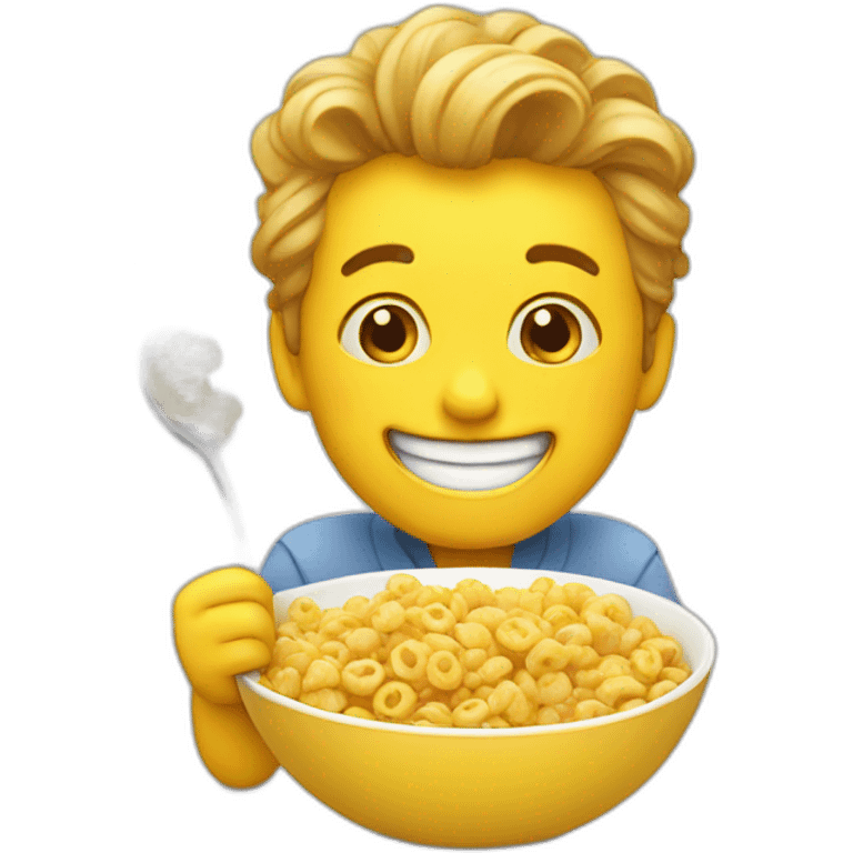 Silly yellow emoji happily eating cereal emoji