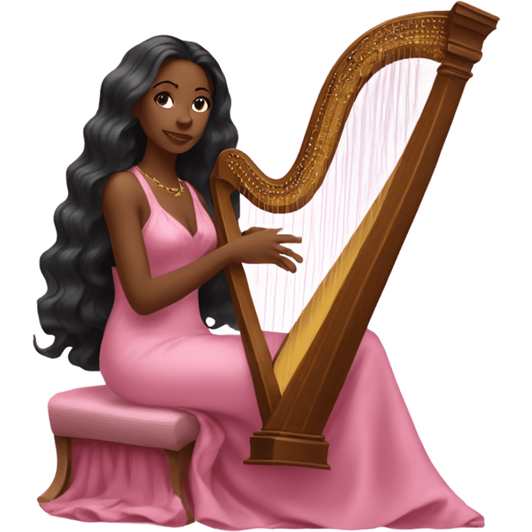 Pretty black women with long hair in a silk pink dress playing the harp sitting down emoji