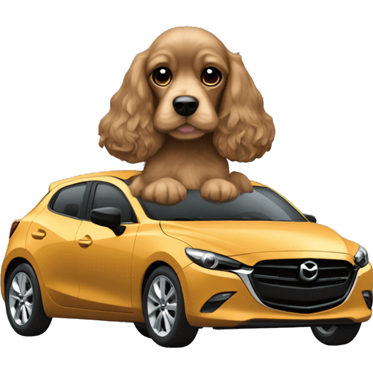 Light brown Cocker Spaniel driving a Black Mazda 2 car emoji