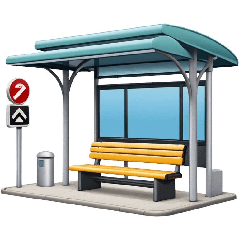 A bus stop with a shelter, a bench, and a signpost displaying the bus route information emoji