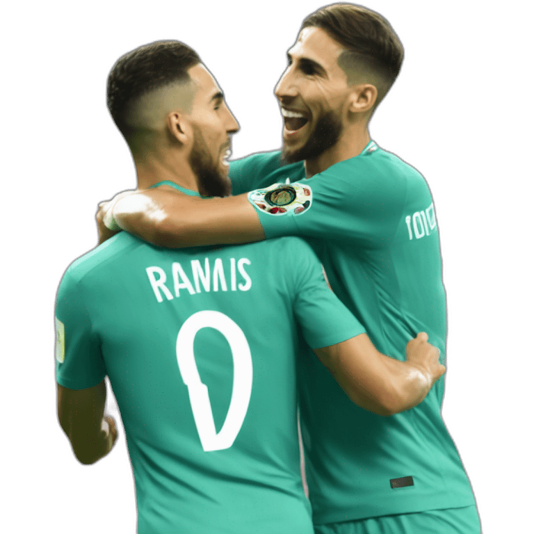 achraf hakimi doing the penguin celebration with sergio ramos wearing the morocco jersey emoji