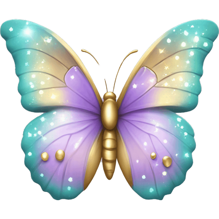 Magic lilac, golden, turquoise pastel colors style, with little shiny sparkles, some realistic kind beautiful butterfly emoji