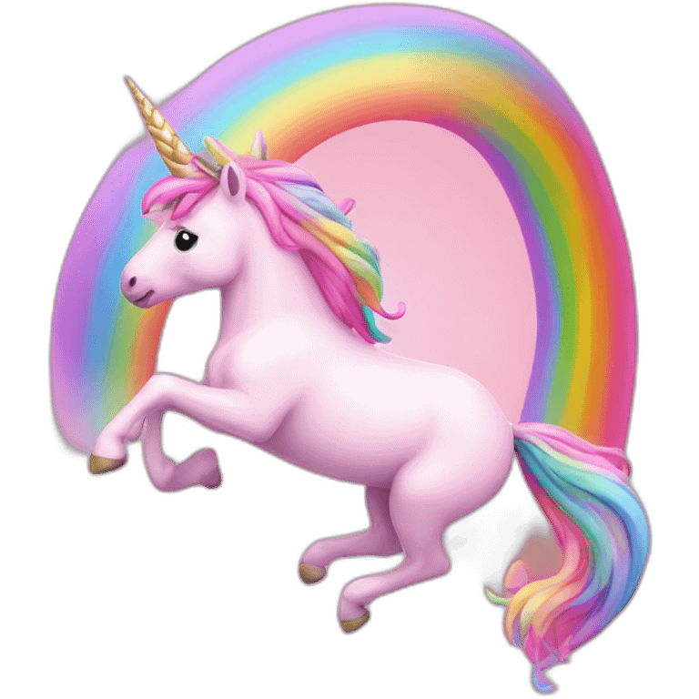 pink unicorn jumps on a rainbow emoji