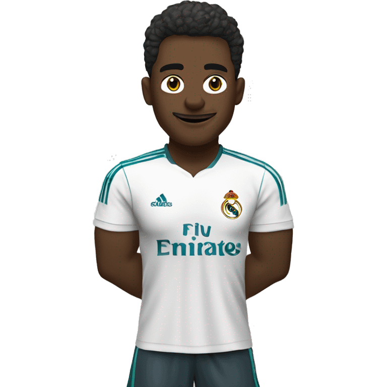 futbolista negro, con la camiseta del real madrid, pelo rizado cayendo sobre su frente emoji