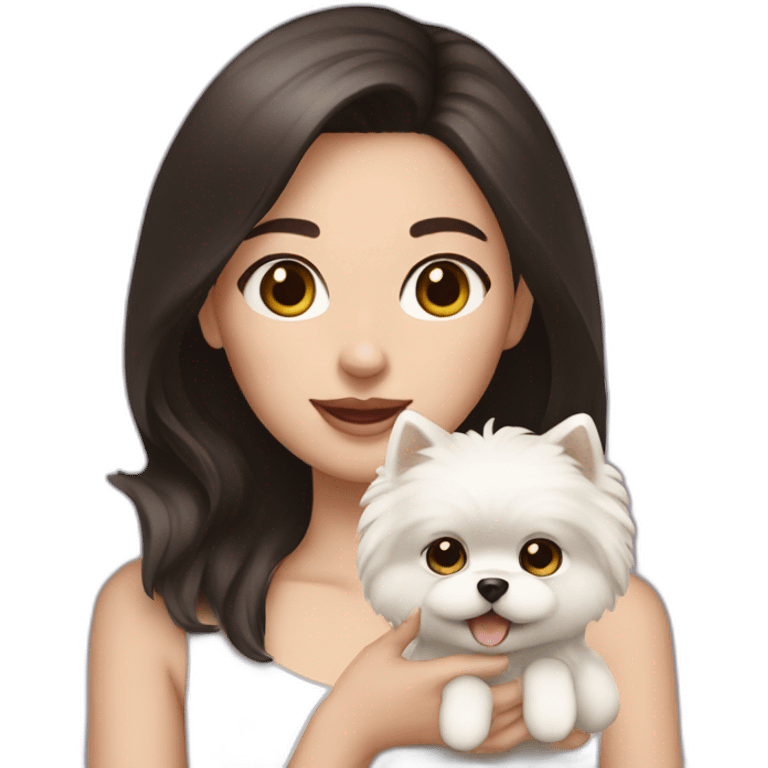 Girl with dark hair white skin holding cream Pomeranian  emoji