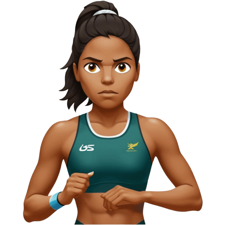 Cinematic Realistic portrait of Cathy Freeman, shown as an iconic Australian athlete with a focused, determined expression and modern athletic attire accented with subtle native motifs, rendered in dynamic, vibrant lighting emoji