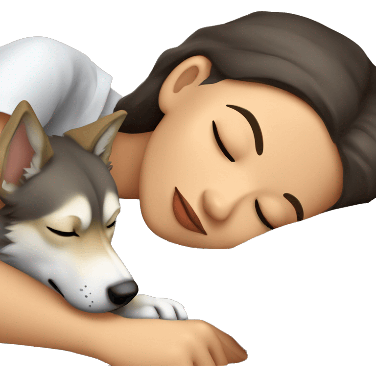 Brunette girl sleeping with a Czechoslovakian wolfdog emoji