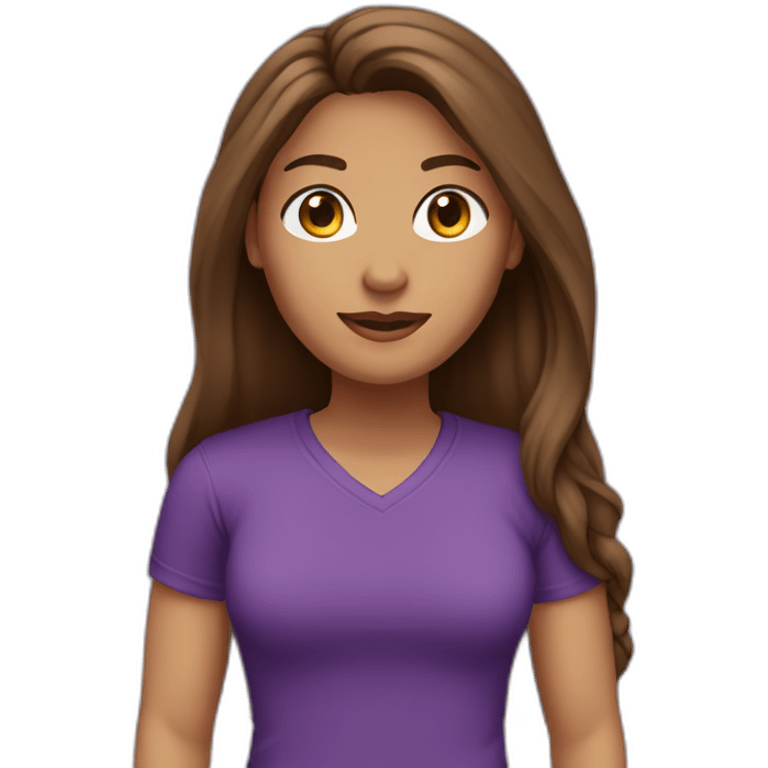 women,brown long hair,using purple tshirt, with a cartel hello emoji