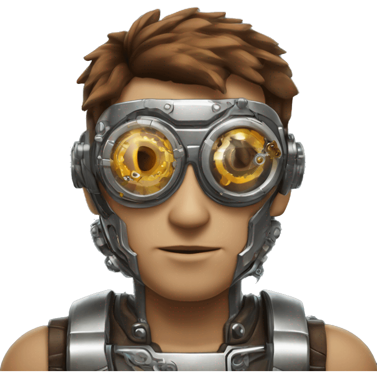 male cyborg head with brown short hair, brown beard, silver steampunk goggles and circuits emoji