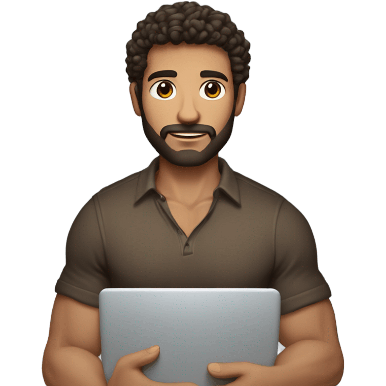 tall men holding his computer in hands. light brown skin men with curly dark brown hair, brown eyes, little grown beard. imposing, bit muscular build. dressed casual. emoji