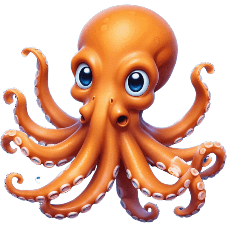 Cinematic Comical smirking Octopus Portrait Emoji, Head tilted dramatically with an exaggeratedly amused expression, featuring a rotund, light orange body festooned with bold blue rings and eight wildly expressive arms with comically animated suckers, Simplified yet hilariously expressive features, highly detailed, glowing with a slightly sassy underwater glow, high shine, dramatic yet playful, stylized with an air of quirky marine mischief, soft glowing outline, capturing the essence of a meme-worthy octopus that looks ready to squirt its way into viral fame! emoji