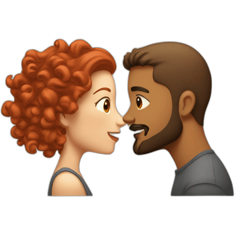 Brown man with a smooth hair cut fade and a beard kissing a White woman with long red curly hair emoji