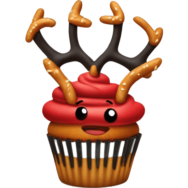 One black and red cupcake with pretzel antlers at the top emoji