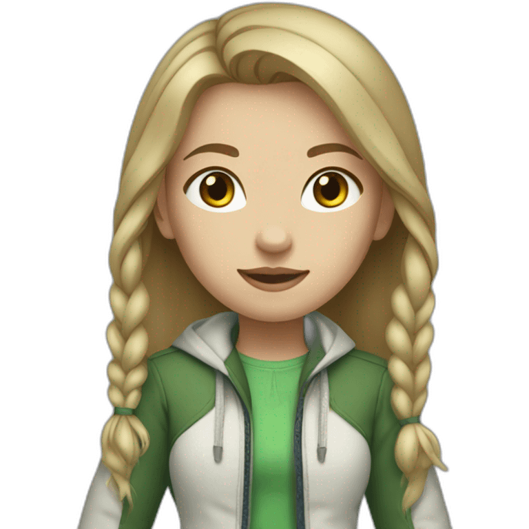 Girl with tied hair and blue eyes, white shoes, green jacket and jeans emoji