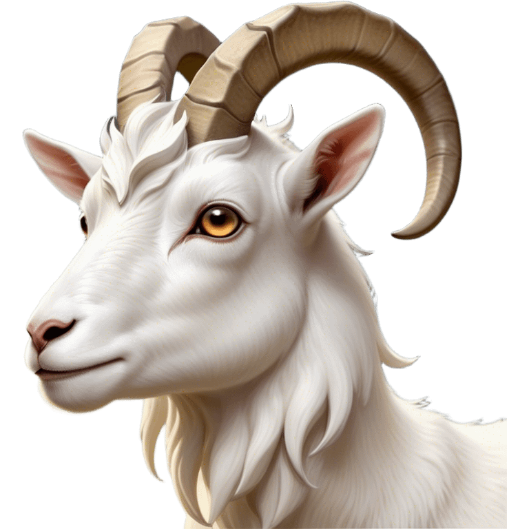 Cinematic Noble White Goat Portrait Emoji, Poised and regal, with a sturdy, agile build and a pristine, smooth white fur accented by gracefully curved horns, deep-set soulful dark eyes, Simplified yet sharp and sophisticated features, highly detailed, glowing with a soft, dignified glow, high shine, intelligent and spirited, stylized with an air of pastoral elegance, focused and attentive, soft glowing outline, capturing the essence of a watchful and confident goat, so majestic it feels as though it could leap out of the screen with effortless authority! emoji