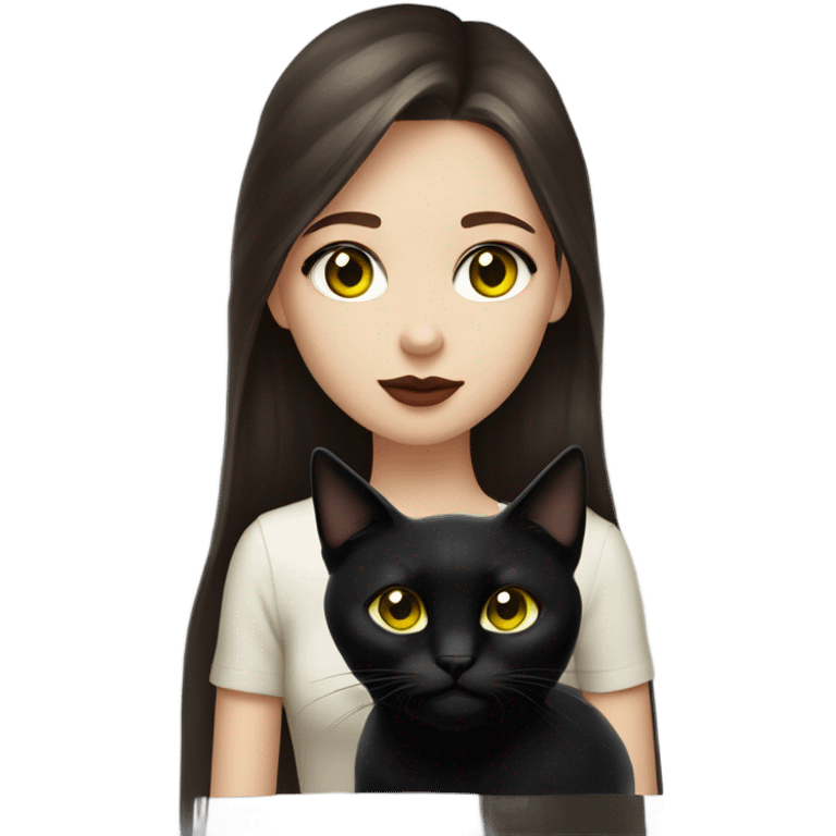 A teenage girl with white skin, she have some green hazel eyes, red lipstick, long straight dark brown hair, she have an eyeliner and she is holding a black cat that have some yellow eyes , view from close emoji