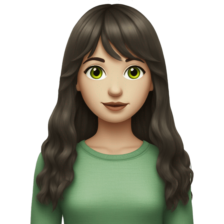 realistic portrait of girl with curtain bangs and dark brown hair with green eyes and fair skin emoji