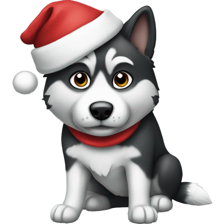 Black and white huskey wearing a Santa hat emoji