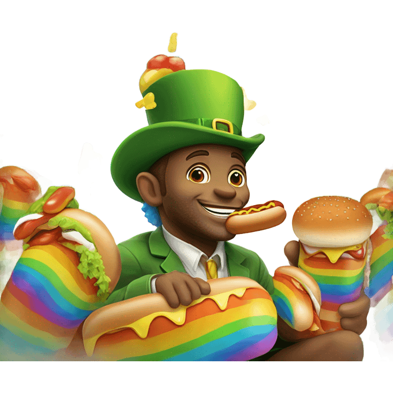 leprechaun on a rainbow eating hotdogs emoji