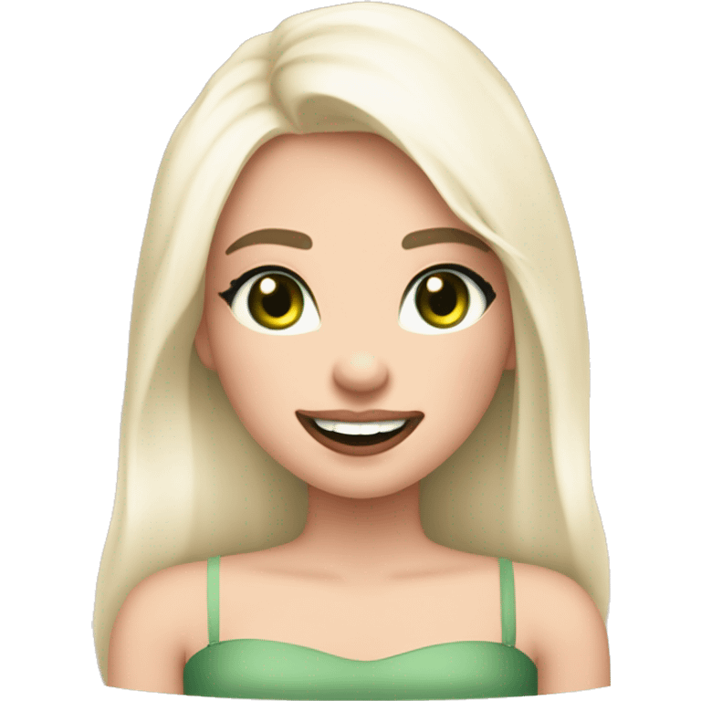 beautiful girl with fair skin, high cheek bones orange blush, long straight shiny dark brown hair, big green eyes and big pale pink lips. Long thick eyelashes. Wearing a cream bustier.  She is laughing emoji