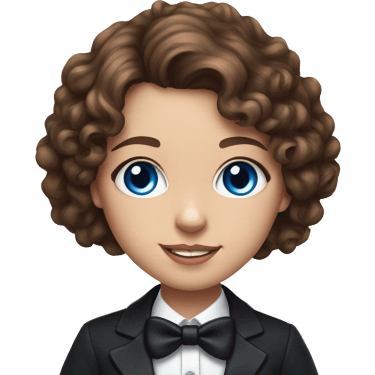 Realistic portrait of a girl with brown curly hair and blue eyes holding up her tuxedo cat  emoji