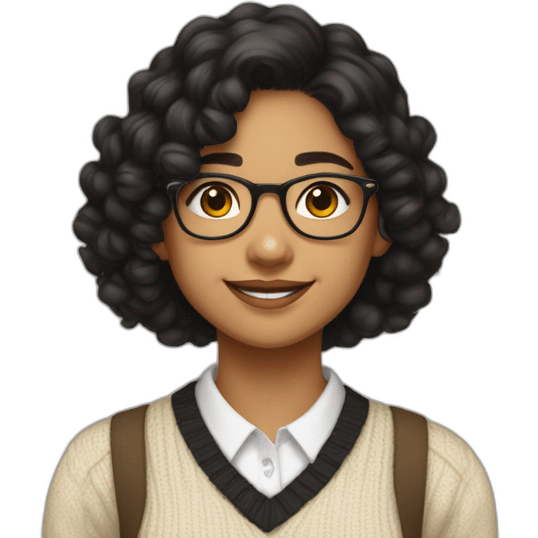 smiling indian teenage girl with black curly hair and glasses wearing a collared long sleeve white shirt under a beige v shaped collar sweatervest with no buttons emoji