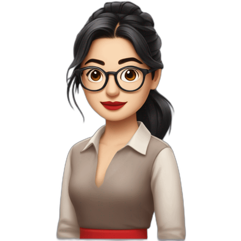 Rashmika mandanna wearing glasses and a small folded skirt with red heels emoji