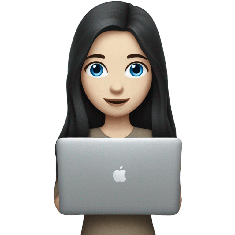 A girl with pale skin, blue eyes and dark long hair holding MacBook  emoji