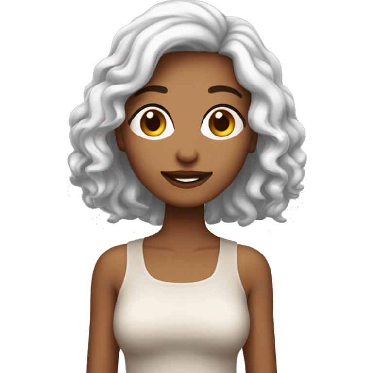 Uma mulher branca com cabelo curtos, cacheado, castanho com luzes emoji