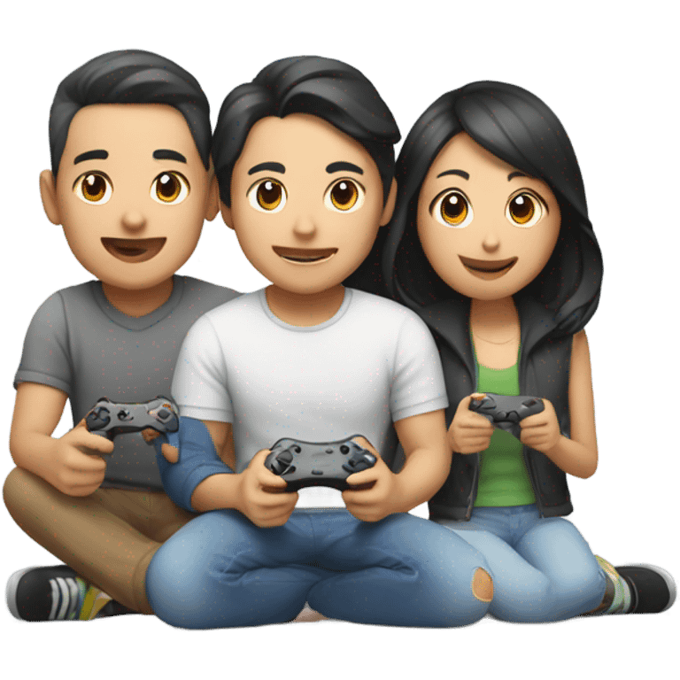 Cute Asian Couple sitting together and having fun playing video games emoji