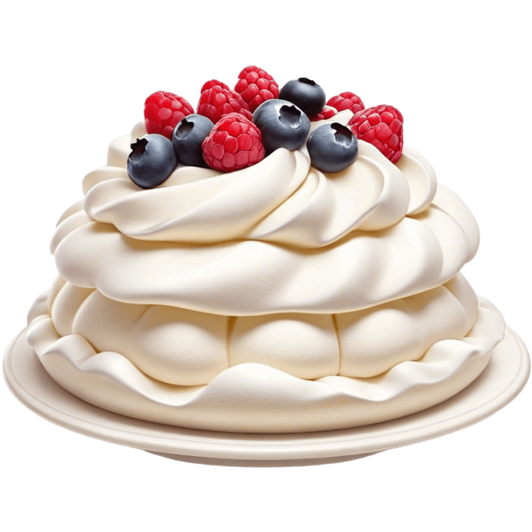 Cinematic Realistic Pavlova Dessert Emoji, showcasing a delicate meringue dessert topped with fresh fruit rendered with lifelike texture and soft natural lighting. emoji