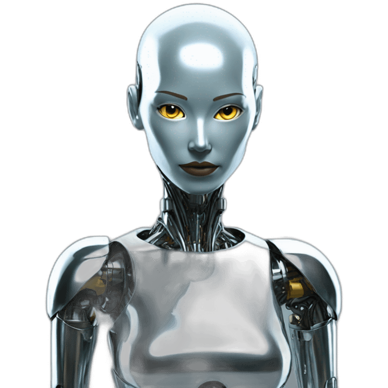 Create a bald female robot in chrome metal color in a futuristic environment emoji