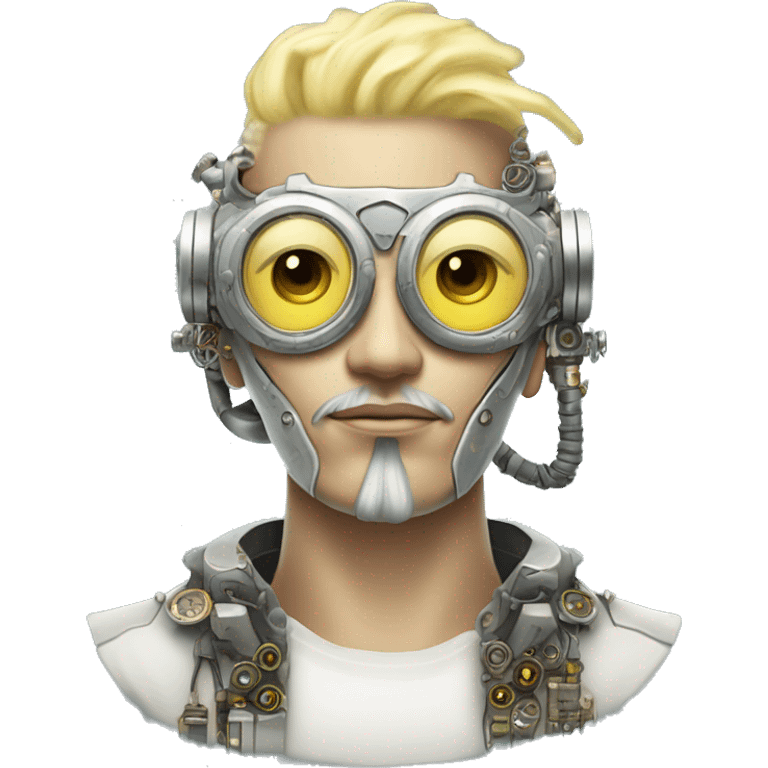 Pastel light yellow hair cyborg head with silver steampunk goggles, goatee and circuits emoji