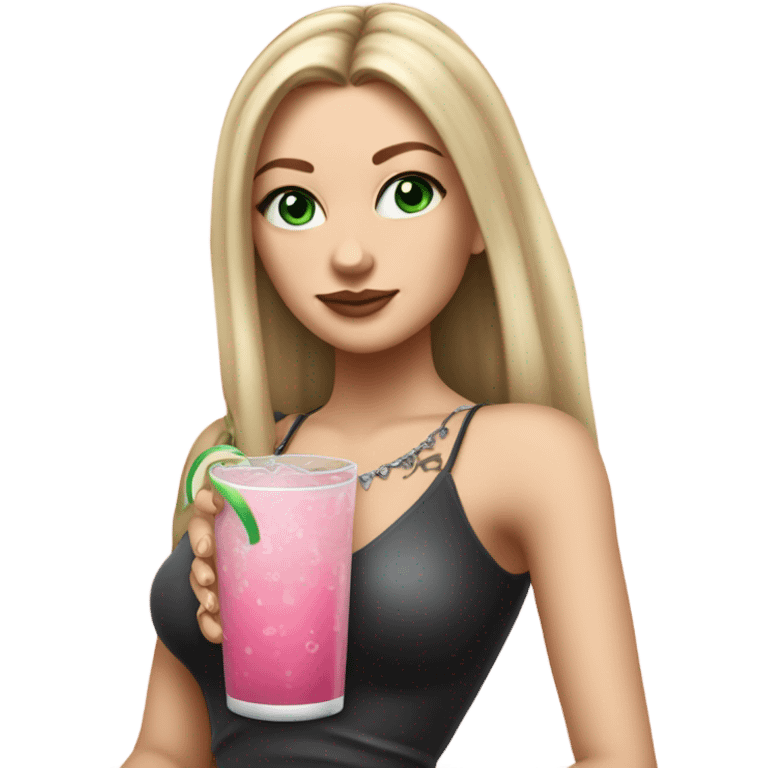 Realistic White girl with Long straight blonde hair, green eyes, tattoos, full body wearing dress and High heels, holding pink drink emoji