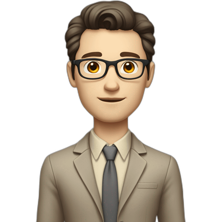 Full height Pale skinned fit man with dark brown hair in gray jacket, beige office shirt, brown tie, brown pants and vintage glasses. His right hand stretched out emoji