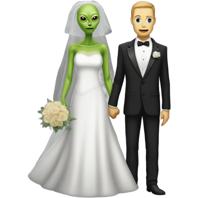 White humman man in a tuxedo holding, Alien reprilian woman in wedding dress, and one , hands getting married emoji