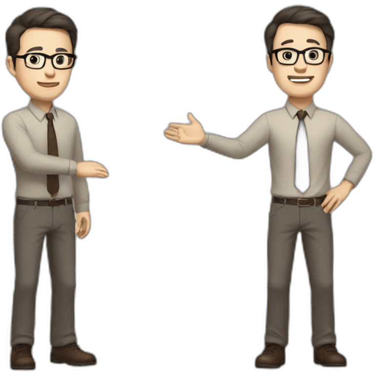 Full height Actively gesturing with hands Pale skinned fit man with dark brown hair in gray jacket, beige office shirt, brown tie, brown pants and vintage glasses. emoji