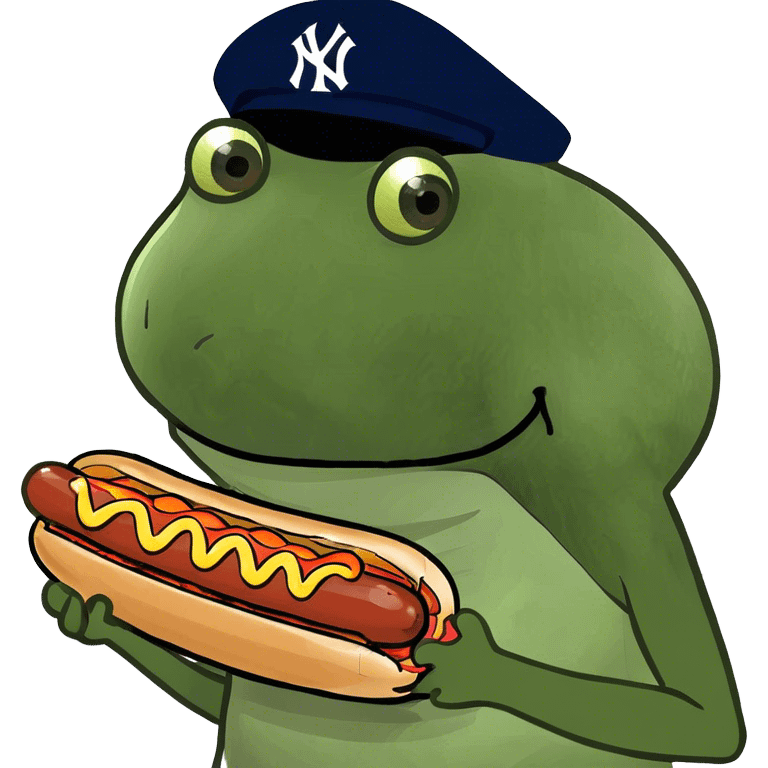 wearing a yankees hat, holding a hotdog emoji