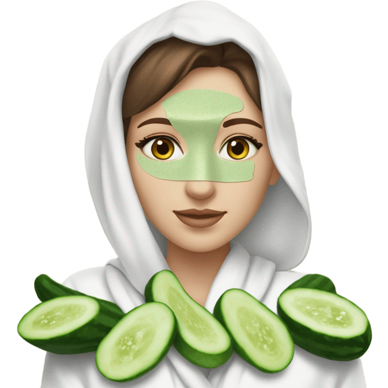 White girl with Brown hair and blue eyes wears a Green clay colored skincare textured mask and puts on cucumbers around her eyes while She relaxes in her white Robe emoji